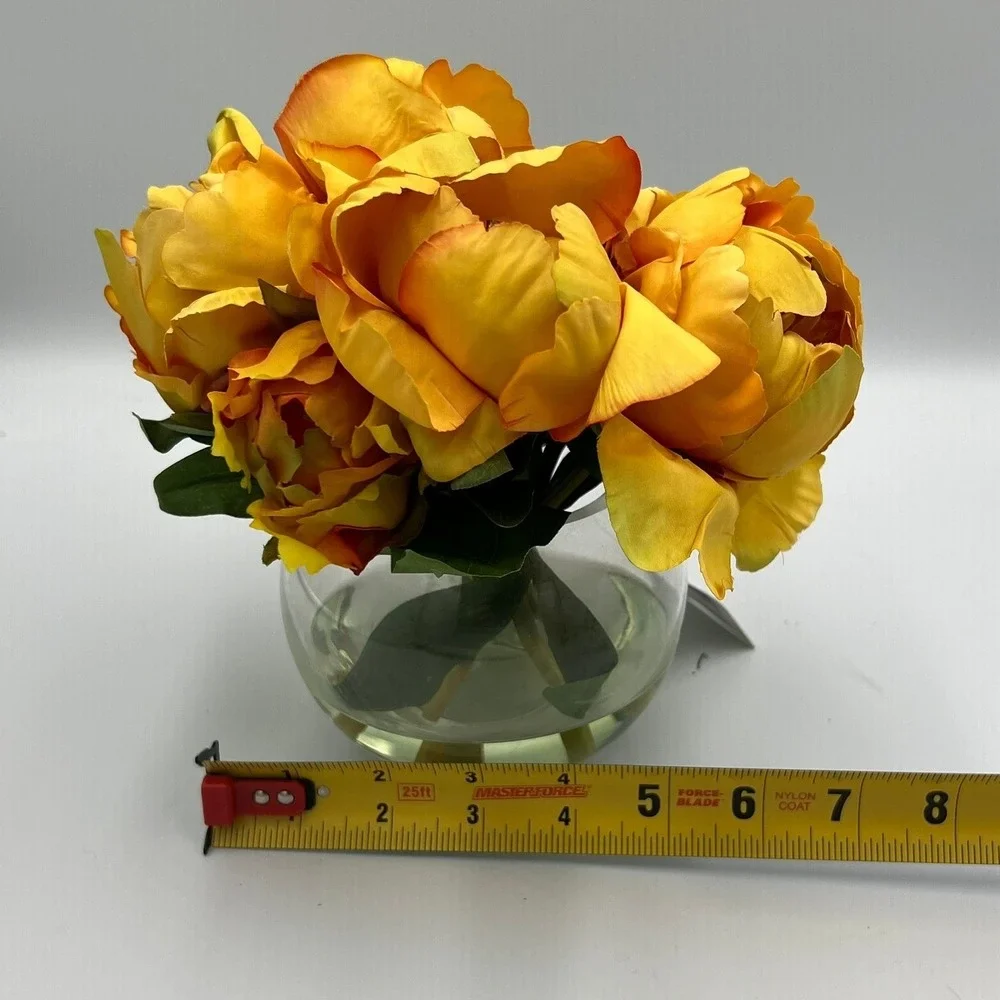 Faux Peony Arrangement OS Yellow Brand New Silk Flowers Glass Vase